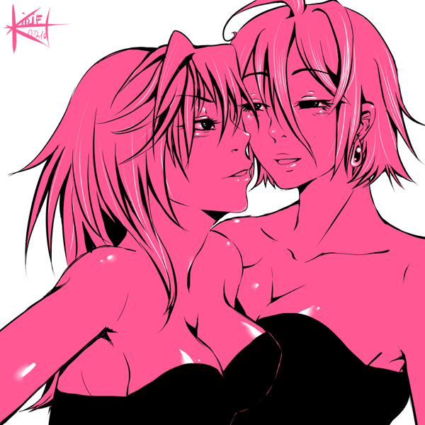 2girls ahoge arm arms art artist_name babe bare_shoulders black black_eyes blush breasts cleavage collarbone earrings eye_contact hair hair_between_eyes half-closed_eyes incipient_kiss jewelry kirielezechiel kirielezechiel_(artist) lips long_hair looking_at_another love monochrome multiple_girls mutual_yuri naughty_face neck open_mouth pink pink_hair pink_skin shiny shiny_skin short_hair simple_background smile spot_color strapless tubetop upper_body white_background yuri
