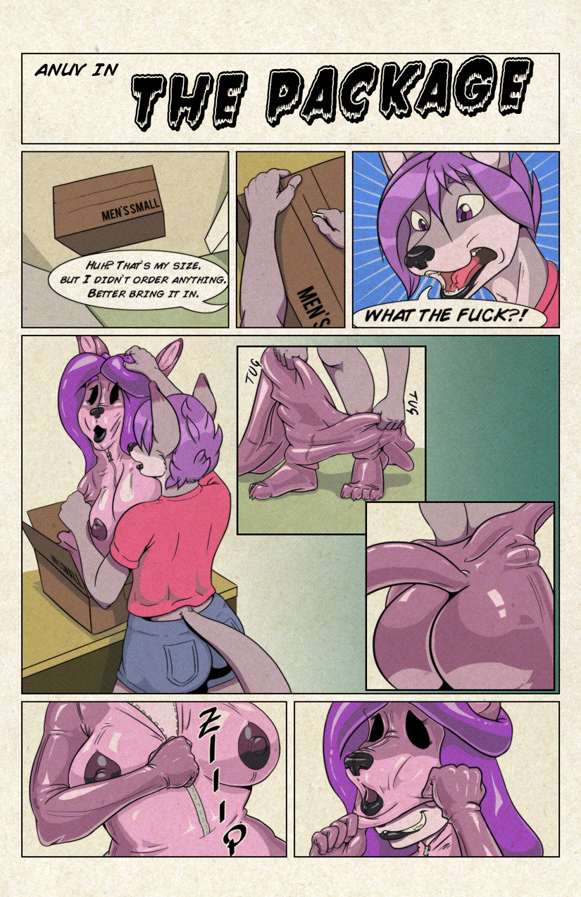 1boy anthro anuv canine clothing comic fox girly grey_fox hair male male_only mammal package purple_hair rubber shocked suit surprise the_man the_package