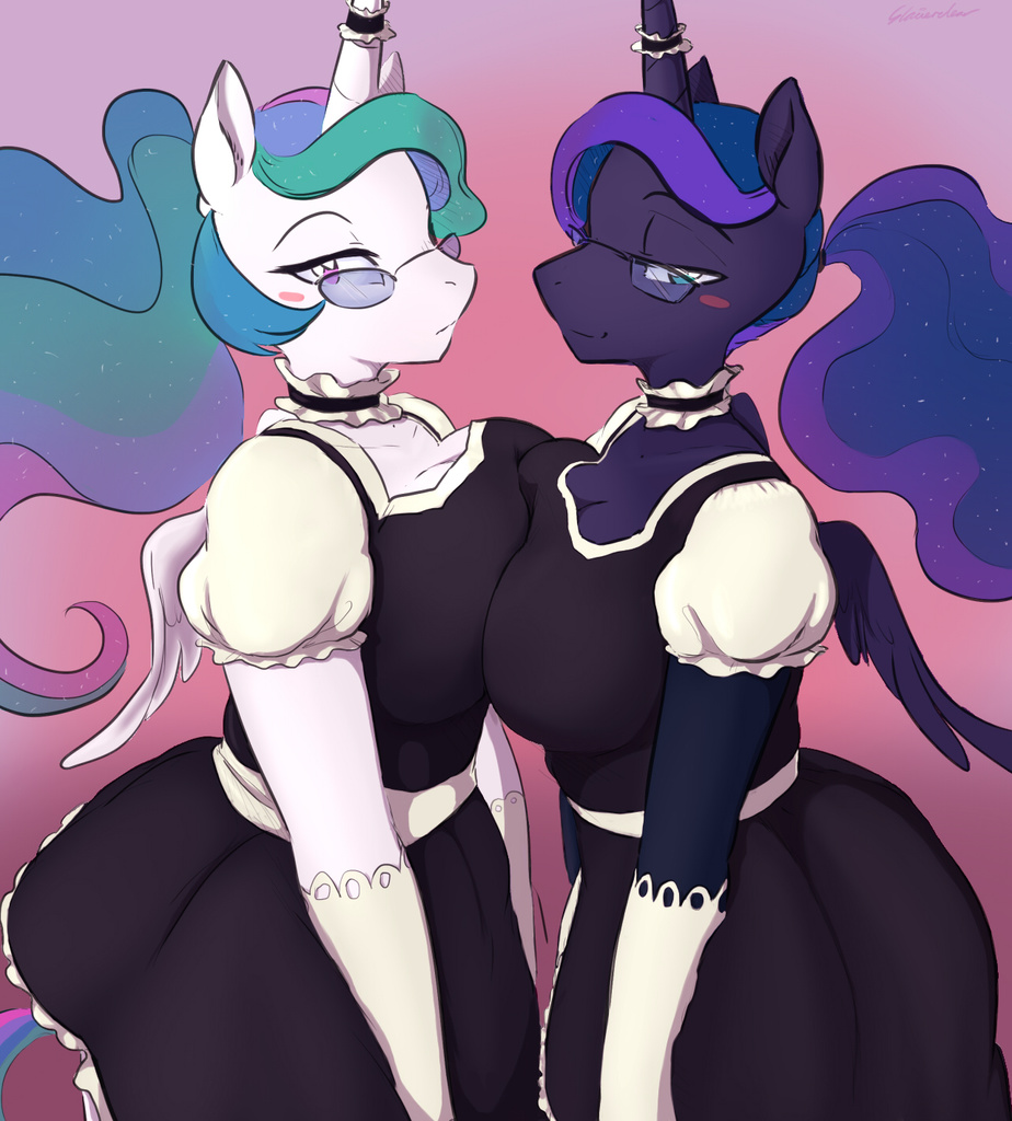 anthro blue_eyes cleavage clothed clothing equine eyewear friendship_is_magic furry glasses glo-in-the-dark gloves hair horn looking_at_viewer maid_costume mammal multicolored_hair my_little_pony pink_eyes princess_celestia princess_celestia_(mlp) princess_luna princess_luna_(mlp) smile winged_unicorn wings