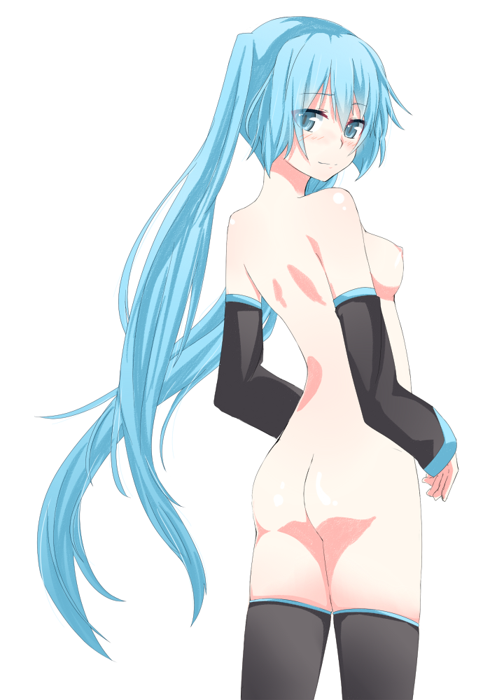 1girl aqua_eyes aqua_hair ass bad_id breasts detached_sleeves hair hatsune_miku long_hair looking_back miku_hatsune mujakuma naked_sleeves nipples nude simple_background solo stockings thighhighs twin_tails twintails very_long_hair vocaloid white_background