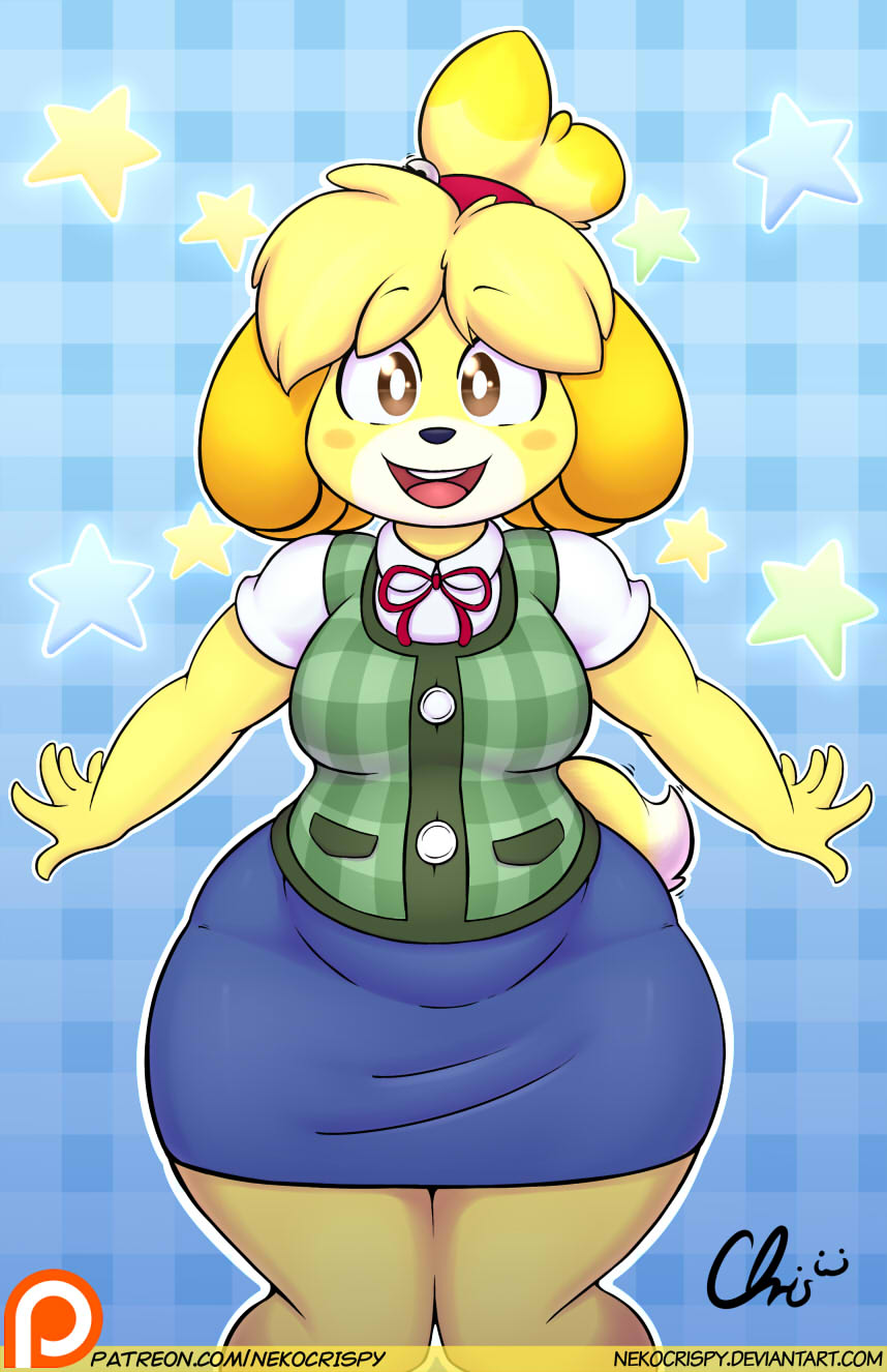 1girl animal_crossing animal_crossing_new_leaf breasts brown_eyes canid canine canine_humanoid chubby clothing dog doubutsu_no_mori furry hair_tie isabelle_(animal_crossing) jingle_bell kemono mammal nekocrispy nintendo patreon ponytail secretary shih_tzu shizue_(doubutsu_no_mori) skirt text thick_ass thick_legs thick_thighs video_games wide_hips yellow_fur