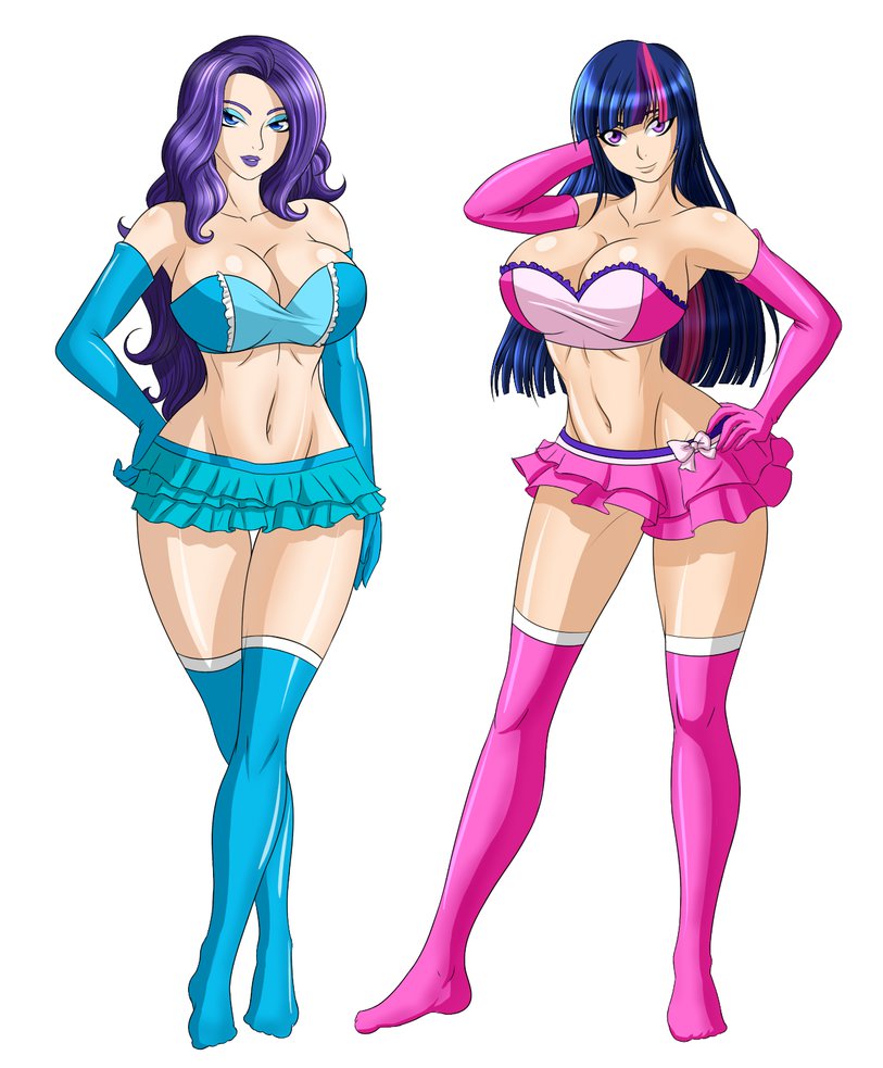 2_girls 2girls armpits bare_shoulders big_breasts blue_clothes blue_eyes blue_gloves blue_skirt blue_thighhighs breasts cleavage collarbone elbow_gloves eyeshadow friendship_is_magic frilled_clothes frilled_skirt frills gloves hair half-closed_eyes hand_behind_head hand_on_hip highres hime_cut huge_breasts humanized large_breasts legs_crossed lipstick long_hair looking_at_viewer makeup midriff mound_of_venus multicolored_hair multiple_girls my_little_pony navel parted_lips pink_clothes pink_gloves pink_hair pink_skirt pink_thighhighs pose posing purple_eyes purple_hair purple_lipstick rarity_(mlp) shiny shiny_hair shiny_skin skirt smile standing strapless thighhighs tubetop twilight_sparkle two_tone_hair white_background zantyarz