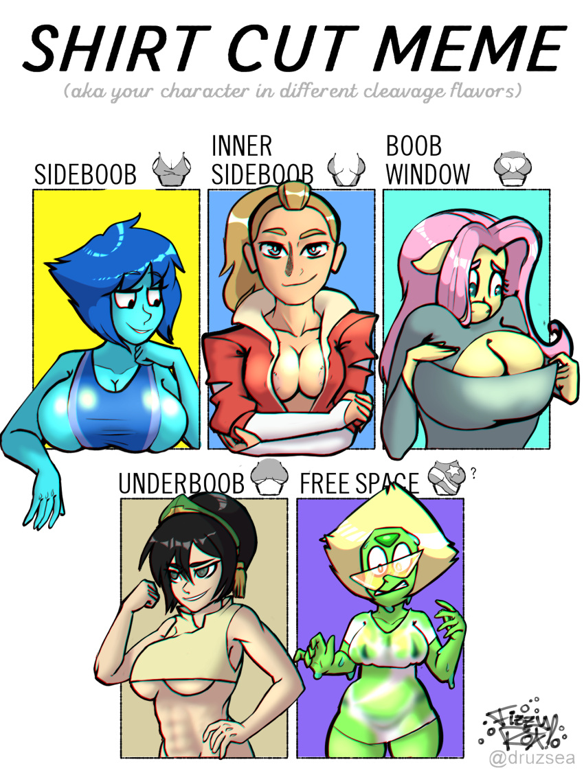 adora avatar:_the_last_airbender big_breasts bikini_top blonde_hair blue_hair boob_window chromatic_aberration fizzyrox_(artist) fluttershy_(mlp) lapis_lazuli_(steven_universe) looking_at_viewer my_little_pony my_little_pony_friendship_is_magic one-piece_swimsuit peridot_(steven_universe) she-ra_and_the_princesses_of_power shirt_cut_meme sideboob steven_universe toph_bei_fong transparent_clothing under_boob wet_clothes wet_shirt