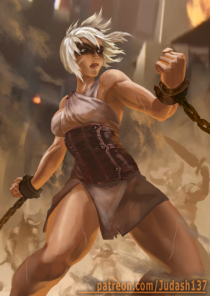 1girl 1girl bare_shoulders bdsm big_breasts bondage bound breasts chains hair_between_eyes judash137 league_of_legends legs looking_at_viewer makeup muscle open_mouth paid_reward patreon_reward restrained riven short_hair slave spread_legs thighs toned white_hair