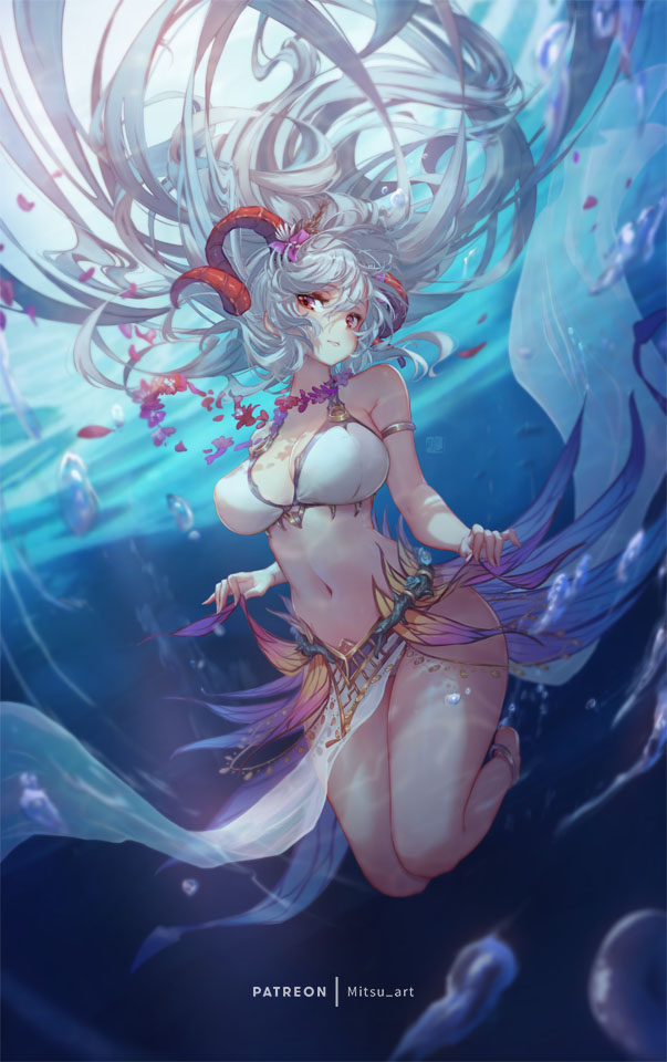 1girl alternate_costume bare_legs big_breasts bikini breasts clothes_lift fire_emblem fire_emblem_heroes flower flower_necklace freyja_(fire_emblem) grey_hair hair_flower hair_ornament horns jewelry long_hair mitsu_(mitsu_art) necklace nintendo pelvic_curtain red_eyes red_horns swimsuit thick_thighs underwater very_long_hair white_bikini white_swimsuit