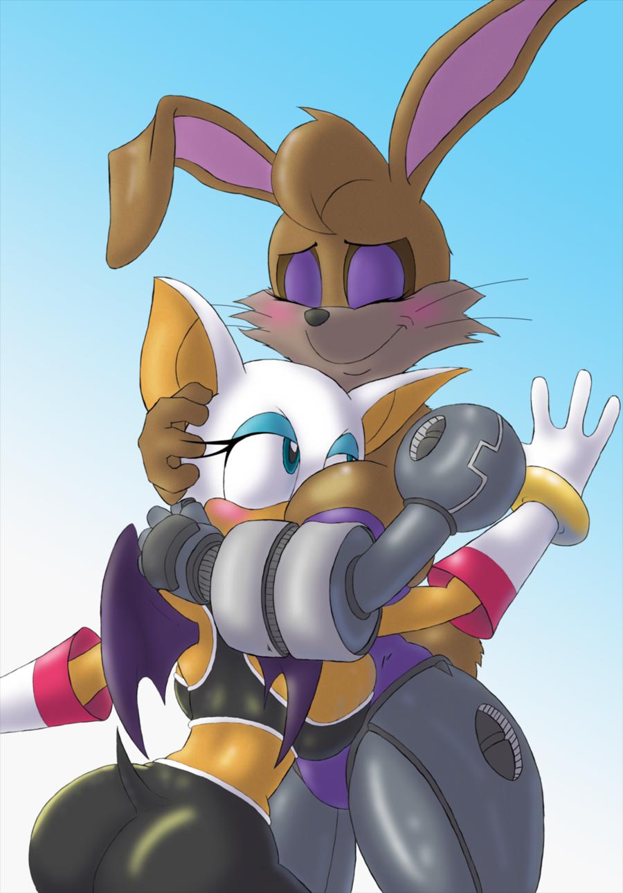 2girls anthro ass big_breasts blush breasts bunnie_rabbot clothed female female_only furry hugging large_breasts randomboobguy rouge_the_bat sega sonic_(series) yuri