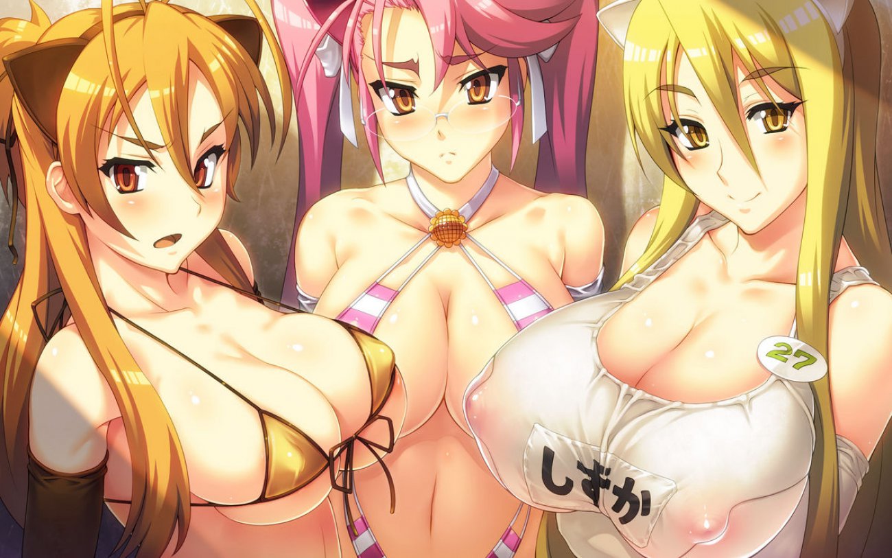 3girls big_breasts breasts cleavage clothed glasses highschool_of_the_dead multiple_girls nipples outfit