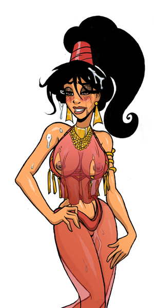 1girl aladdin_(series) black_hair breasts clothed cum cum_on_arm cum_on_face cum_on_hair cum_on_thigh disney earrings female_only no_bra princess_jasmine running_mascara see-through_clothes standing