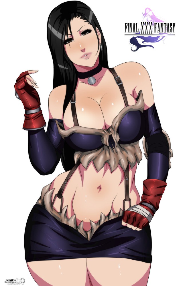 1girl big_breasts black_hair breasts brown_eyes clothing curvaceous earrings female final_fantasy final_fantasy_vii gloves high_resolution jewelry long_hair mugen_illustrations necklace simple_background skirt suspenders thick_thighs thighs tifa_lockhart white_background