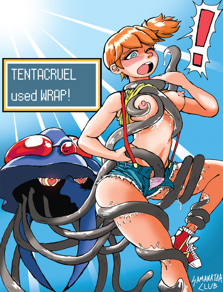 ! 1girl bondage breasts english_text heart heart-shaped_pupils nipples open_mouth orange_hair pokemon scream_bubble spoken_exclamation_point symbol-shaped_pupils teeth tentacles text