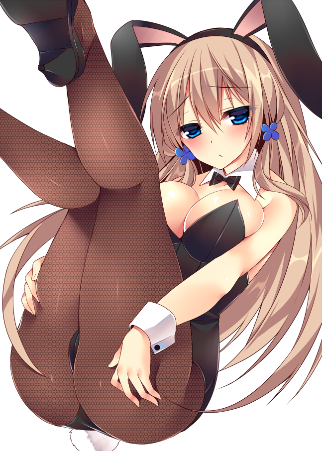 1girl animal_ears blue_eyes blush breasts brown_hair brown_legwear brown_pantyhose bunny_ears bunny_tail bunnysuit cameltoe cleavage commentary_request detached_collar fake_animal_ears female fishnet_pantyhose fishnets hair high_heels large_breasts legs_up light_brown_hair long_hair looking_at_viewer lying on_back original pantyhose playboy_bunny rabbit_ears rabbit_tail simple_background solo sorai_shin'ya sorai_shin'ya tail white_background wrist_cuffs