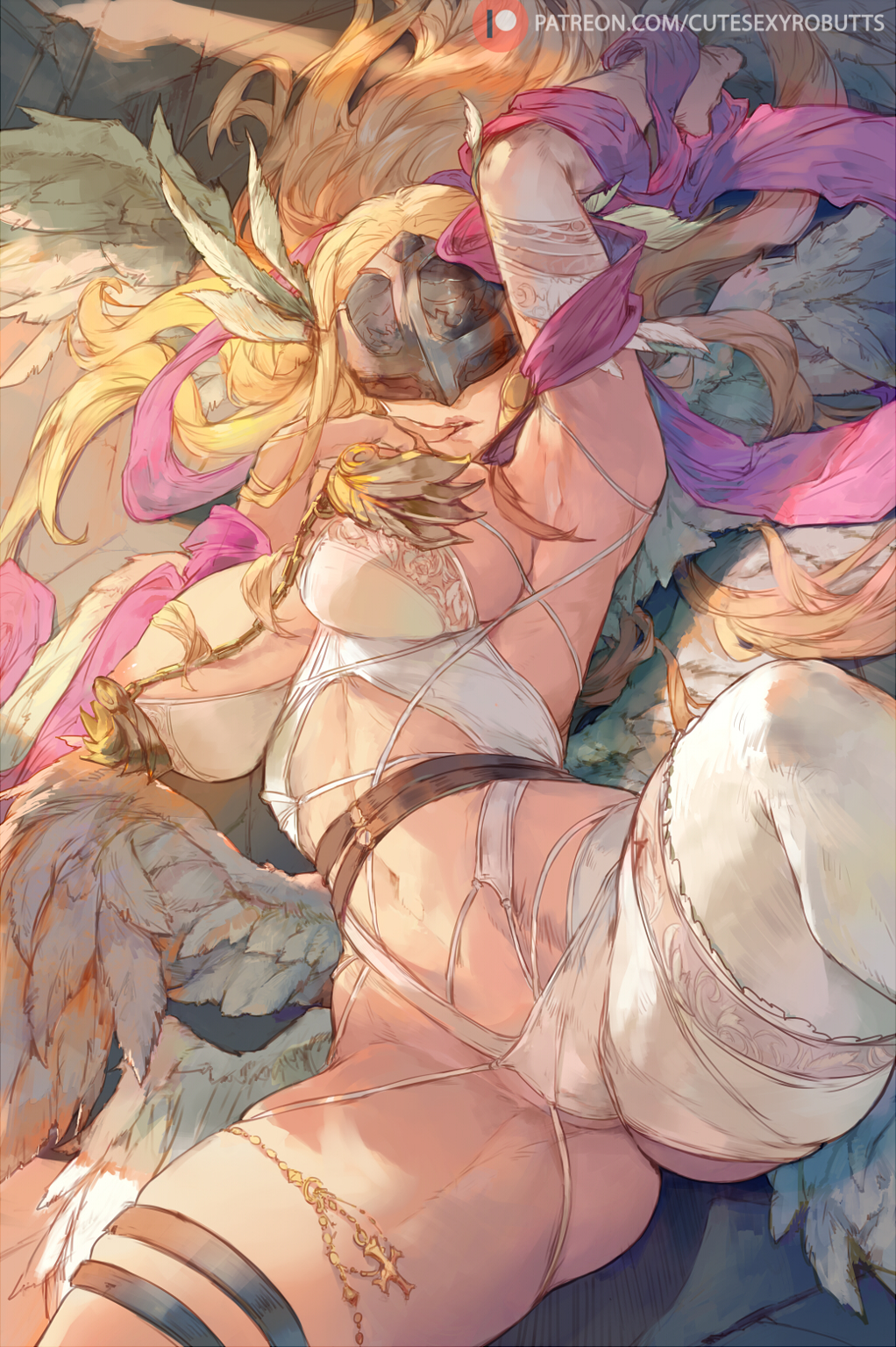 1girl angewomon big_breasts blonde_hair bubble_butt cleavage cutesexyrobutts digimon digimon_adventure horny inviting_to_sex looking_at_viewer missionary_position pose spread_legs stockings teasing thick_thighs