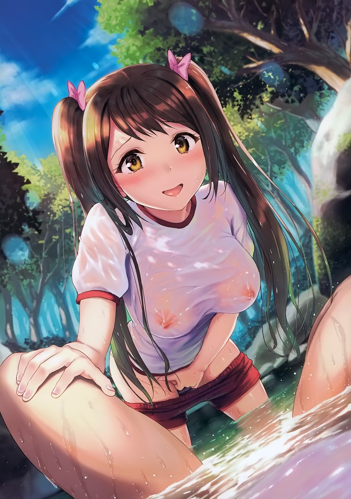 1boy 1girl asking_for_it bent_over big_breasts blue_sky blurry brown_eyes brown_hair clothed_female depth_of_field erection_under_clothes eyelashes female_focus fingering_pussy fingering_self gym_uniform hanging_breasts high_resolution imminent_sex kichiroku leaning_forward looking_at_viewer naughty_face nopan open_mouth outside pale-skinned_female partially_submerged pink_bow red_shorts see-through transparent_clothes twin_tails wet_clothes