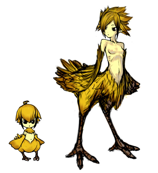 artist_request breasts chibi chicobo chocobo final_fantasy hair_over_one_eye harpy midriff monster_girl navel nipples nude personification pointy_ears simple_background talons white_background wings