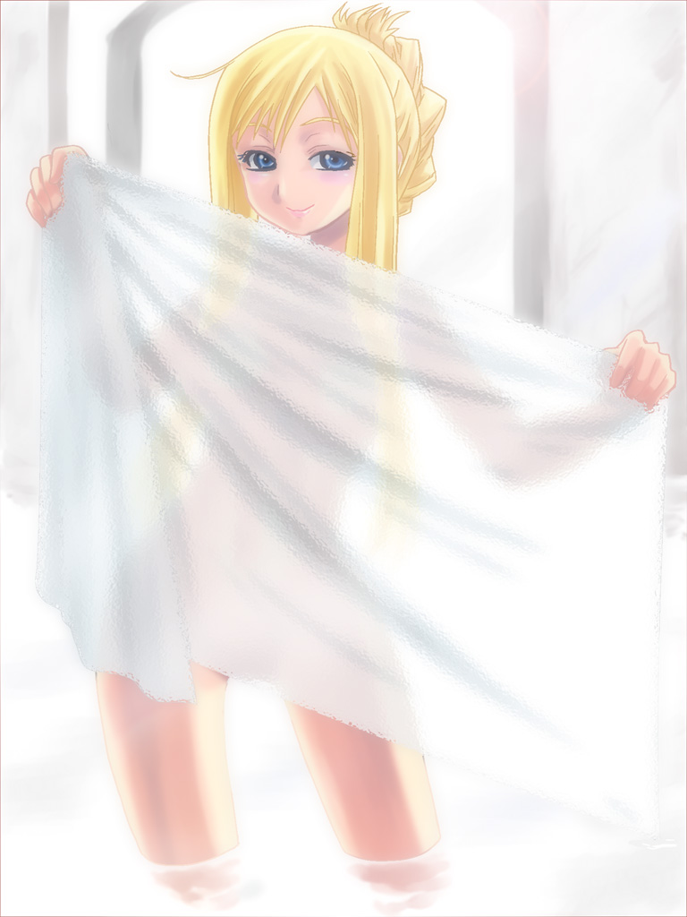 1girl alicia_florence aria_(manga) blonde_hair blue_eyes long_hair nude see-through smile solo standing towel