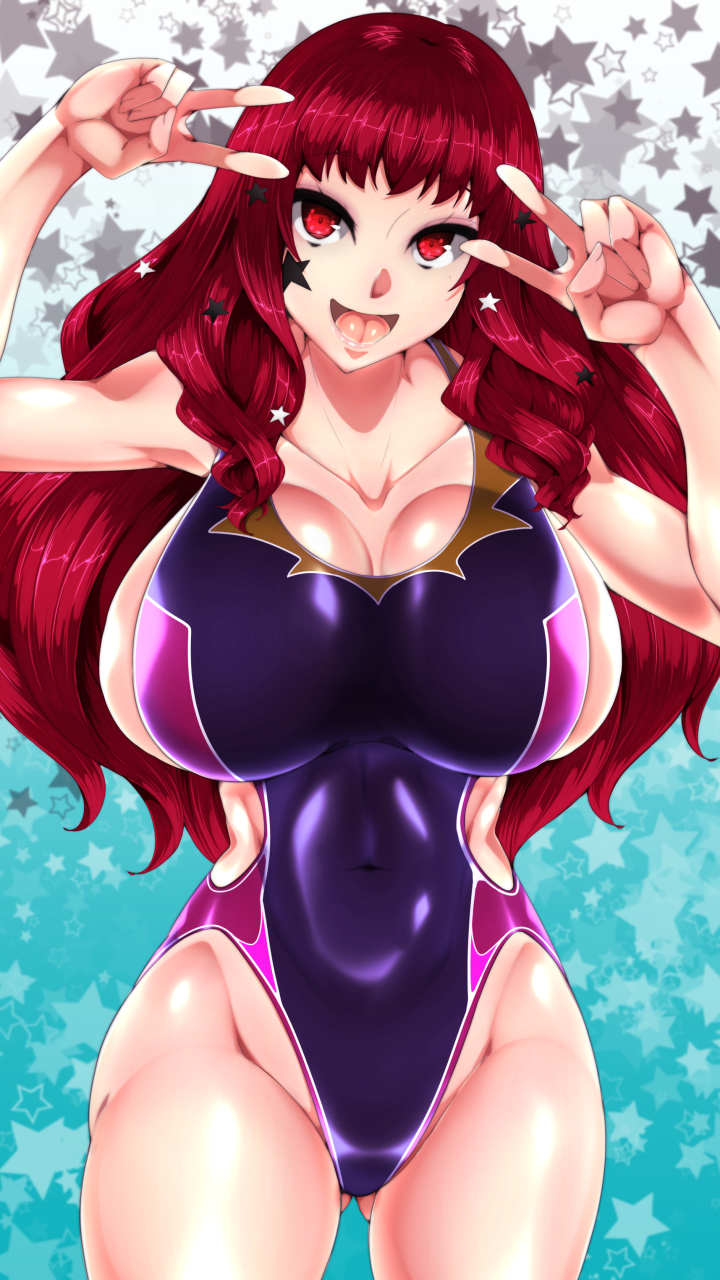 1girl 2023 alluring alternate_costume ass ass_visible_through_thighs big_breasts blue_swimsuit breasts byakkun byakkun_(byakkun8181) cleavage competition_swimsuit curvy double_v facial_mark female_only fire_emblem fire_emblem_engage hair_ornament high_res light-skinned_female light_skin long_hair looking_at_viewer nintendo one-piece_bikini one-piece_swimsuit peace_sign plump purple_one-piece_swimsuit purple_swimsuit red_eyes red_hair smile solo_female star star_(symbol) star_hair_ornament swimsuit thick_thighs thighs tongue v yunaka_(fire_emblem)