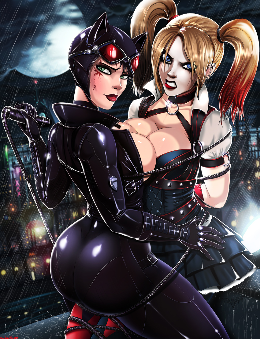 2girls angry ass batman_(series) big_breasts black_hair blond_hair blonde blood blue_eyes bondage breasts catsuit catwoman cleavage dc dc_comics earrings eye_shadow facepaint female female_only goggles green_eyes gritted_teeth hair hand_on_hip harley_quinn leather lipstick looking_at_viewer makeup moon night rain red_lipstick selina_kyle shadman skirt twin_pigtails whip yuri