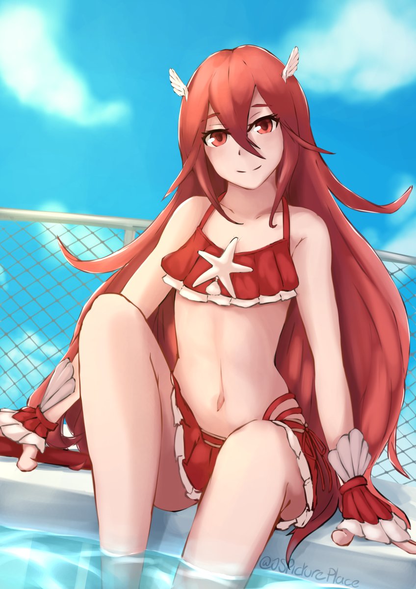 1girl 1girl alluring bare_shoulders bikini bikini_top_lift blue_sky clothes_lift cloud collarbone cordelia_(fire_emblem) day female_focus fingerless_gloves fire_emblem fire_emblem_awakening fire_emblem_heroes gloves hair_ornament high_res jspictureplace lifted_by_self long_hair looking_at_viewer matching_hair/eyes milf navel nintendo outside pool red_bikini red_eyes red_gloves red_hair shell shiny_skin shy sky smile standing star_(symbol) swimming_pool swimsuit winged_hair_ornament