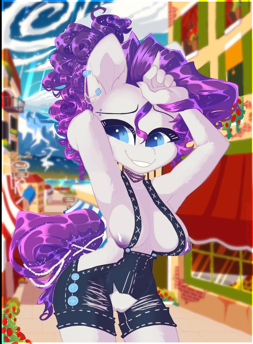 1girl 1girl 2019 anthro anthrofied blue_eyes breasts clothed clothing detailed_background ear_piercing equid equine friendship_is_magic front_view furry genitals grin hand_behind_head happy hasbro hiccupsdoesart high_res horn humanoid_hands ineffective_clothing jewelry mammal my_little_pony necklace nipples outside overalls partially_clothed piercing portrait purple_nipples pussy rarity_(mlp) smile standing three-quarter_portrait unicorn white_body