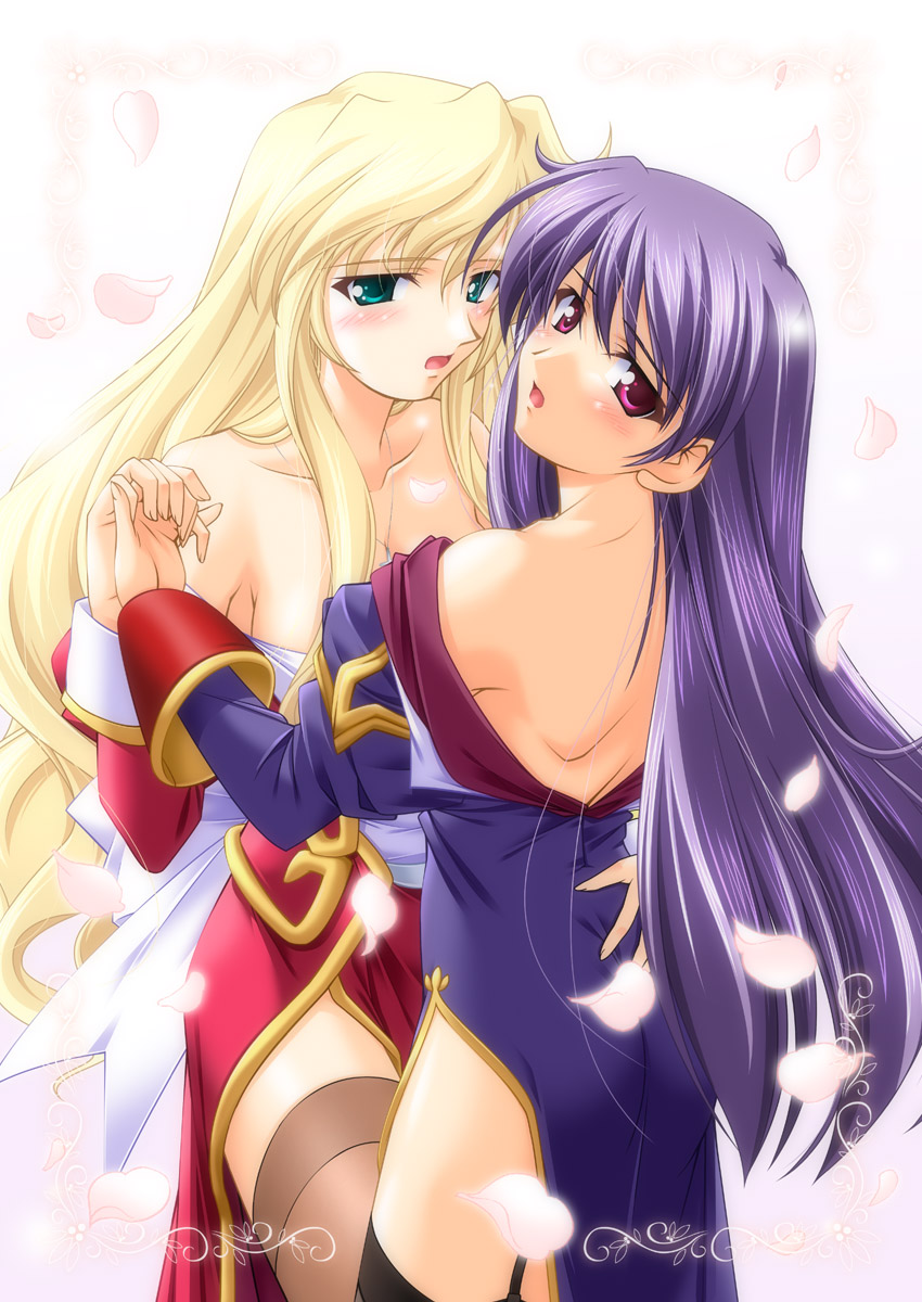 2girls :o aqua_eyes art babe back bare_back bare_shoulders blonde blonde_hair blush china_dress chinese_clothes chogenbo_musasiya collarbone dress garter_belt green_eyes hair hair_between_eyes hand_holding high_priest high_res highres hug hugging incipient_kiss jewelry legs lingerie long_hair long_sleeves looking_at_viewer looking_back love moaning multiple_girls musashiya_chougenbou mutual_yuri neck necklace off_shoulder open_mouth pendant petals pink_eyes priest priest_(ragnarok_online) priestess purple_dress purple_hair ragnarok_online red_dress side_slit stockings thighhighs tongue underwear undressing yuri