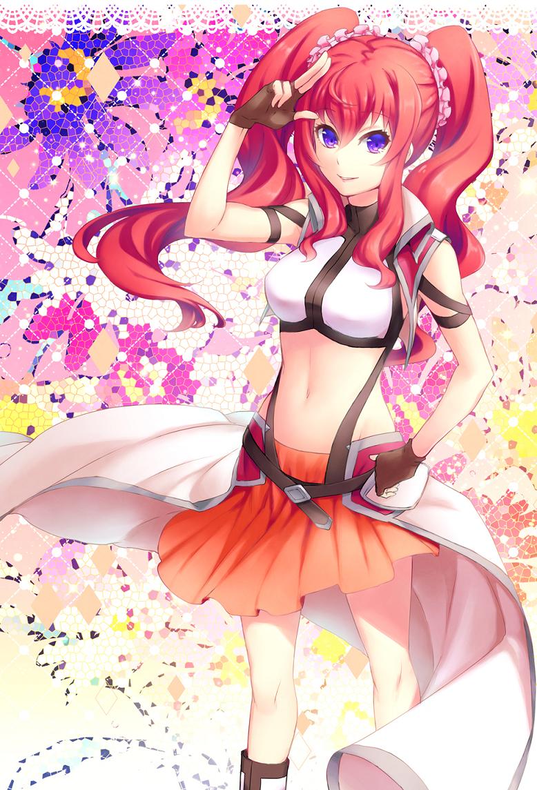 1girl art breasts cross_ange fingerless_gloves gloves hilda_(cross_ange) long_hair looking_at_viewer midriff navel parted_lips purple_eyes red_hair sabudenego_(artist) salute sarong skirt smile standing twin_tails uniform vest