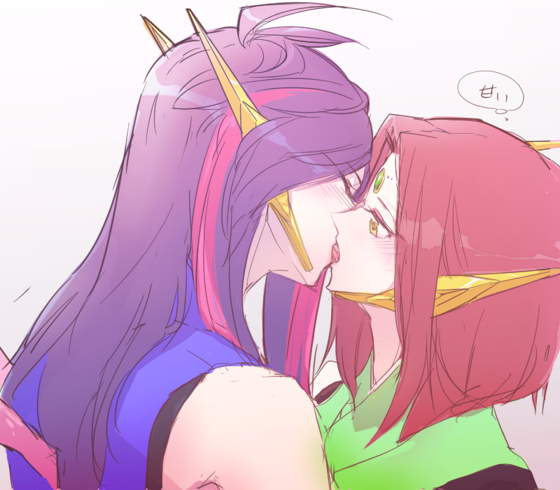 2girls blush closed_eyes cross_ange forehead_jewel french_kiss hair japanese_clothes jewelry kaname_(cross_ange) kano_penguin kiss kissing long_hair looking_at_another love multicolored_hair multiple_girls mutual_yuri naaga_(cross_ange) neck pink_hair purple_hair red_hair robot_ears short_hair tongue two-tone_hair upper_body yellow_eyes yuri