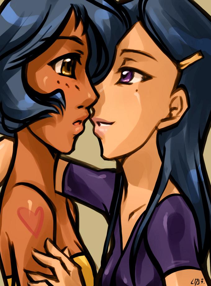 2girls alex_(totally_spies) angelickitty89_(artist) art black_hair blonde_hair eye_contact hair incipient_kiss katiramoon_(artist) long_hair looking_at_another love mandy_(totally_spies) mandy_luxe multiple_girls mutual_yuri older older_female short_hair totally_spies young_adult young_adult_female young_adult_woman yuri