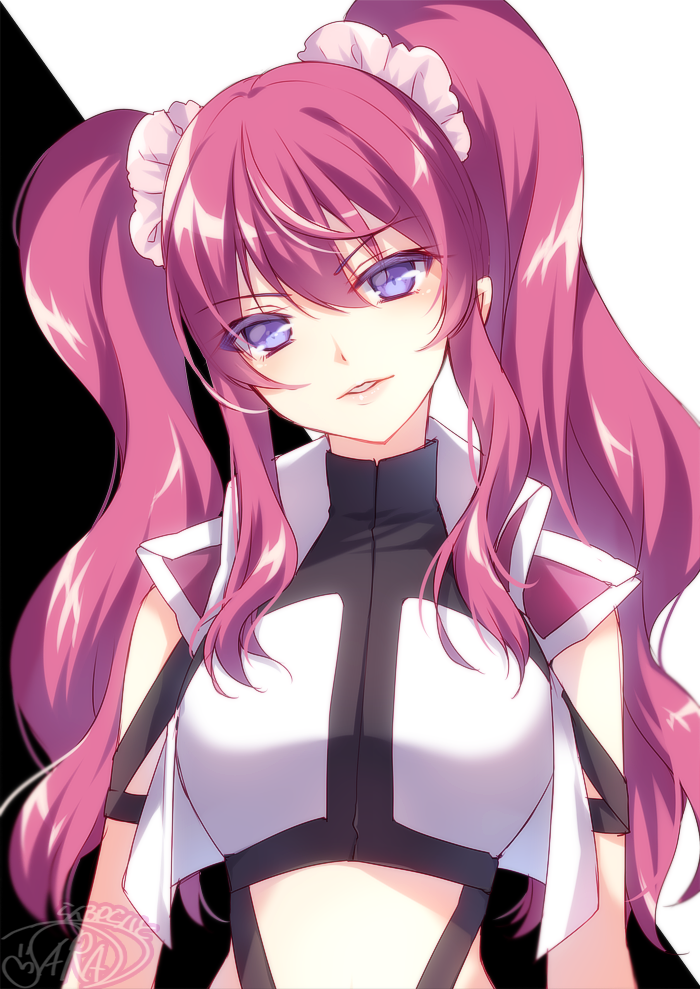 1girl :d bangs blue_eyes bodysuit colored_eyelashes crop_top cross_ange hair_between_eyes head_tilt high_collar hilda_(cross_ange) long_hair looking_at_viewer midriff mikazuki_sara naughty_face open_mouth parted_lips payot pink_hair purple_eyes purple_hair scrunchie sidelocks signature smile solo turtleneck twin_tails twintails uniform upper_body vest