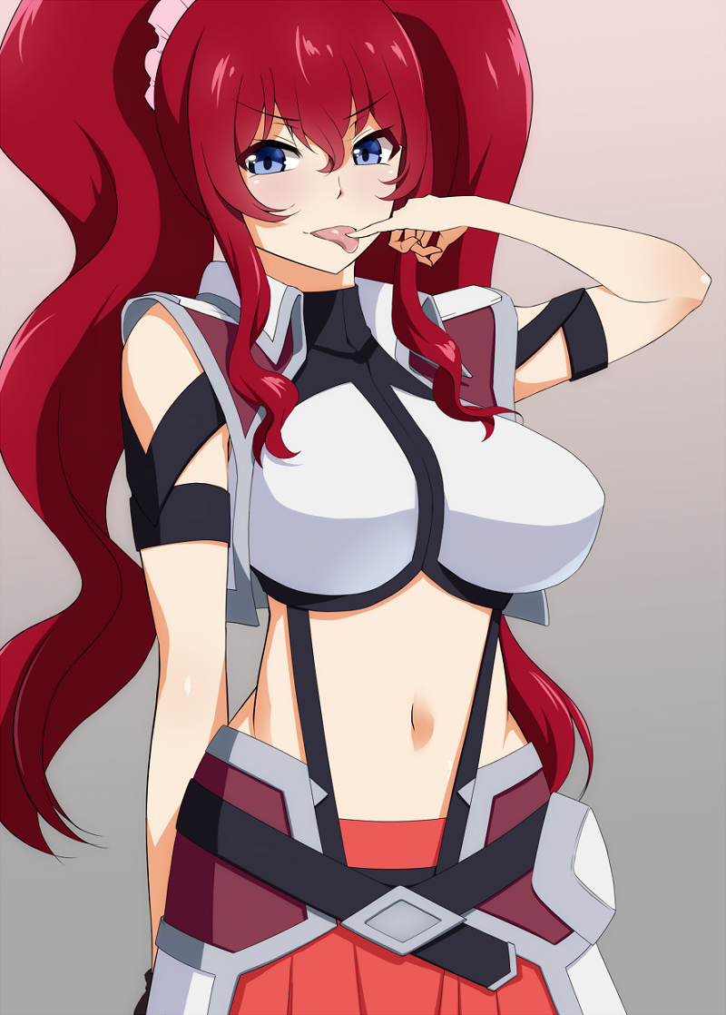 1girl :p arm_ribbon arm_up art big_breasts blue_eyes breasts cross_ange finger_to_mouth high_res hilda_(cross_ange) licking looking_at_viewer mattari_yufi midriff naughty_face navel red_hair scrunchie shirt skirt smile suspenders tongue tongue_out twin_tails uniform very_long_hair vest