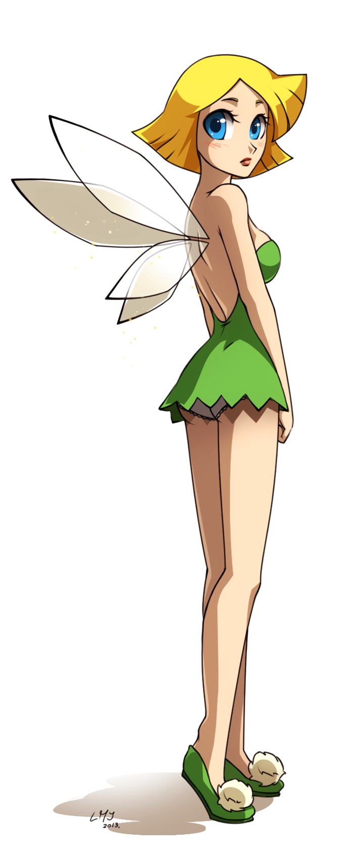 1girl 2013 arm back bare_back bare_legs bare_shoulders blonde_hair blue_eyes blush breasts clenched_hand clover_(totally_spies) cosplay disney disney_fairies dress fairy fairy_wings green_dress katiramoon_(artist) legs lips long_legs looking_at_viewer looking_back neck panties pantyshot pantyshot_(standing) shadow shoes short_hair simple_background solo standing strapless strapless_dress tinker_bell tinker_bell_(cosplay) totally_spies underwear white_background wings