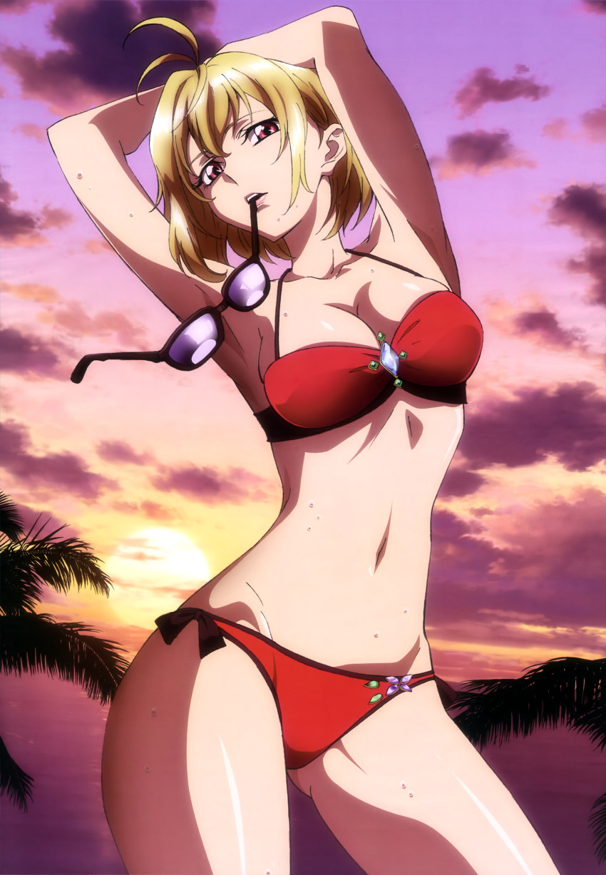 1girl absurd_res angelise_ikaruga_misurugi antenna_hair armpits arms_up bikini blonde_hair breasts cleavage cloud cross_ange high_res lips looking_at_viewer mouth_hold navel nyantype official_art palm_tree shiny shiny_skin short_hair side-tie_bikini skindentation sky sunglasses sunset swimsuit tree