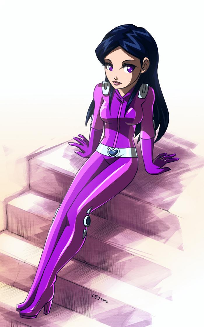 1girl black_hair katiramoon_(artist) long_hair mandy_(totally_spies) mandy_luxe purple_bodysuit totally_spies