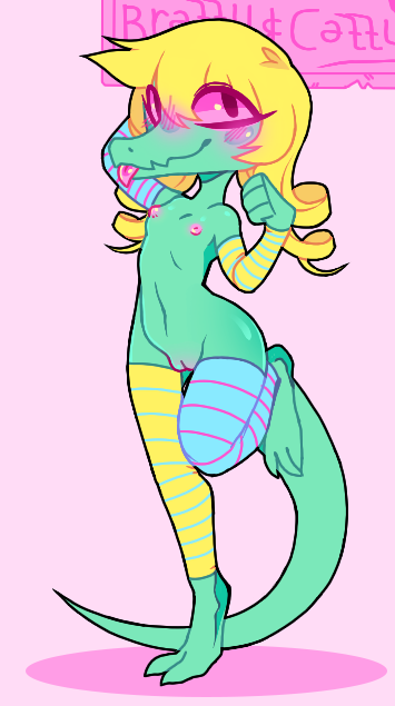 1girl 2d 2d_(artwork) anthro anthro_only armwear blonde_hair bratty_(undertale) breasts crocodile crocodilian crocodylid cute digital_media_(artwork) female_only flat_chested green_body green_skin legwear nipples nude nude_female pink_background pink_sclera pussy reptile reptile_tail scalie simple_background sinnerpen small_breasts solo_anthro solo_female solo_focus standing_on_one_leg striped_armwear striped_legwear tail tongue_out undertale undertale_(series)