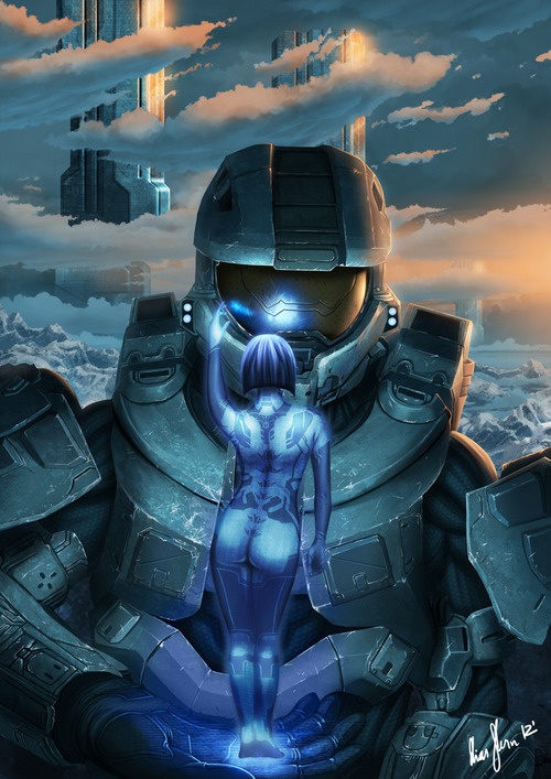 armor ass blue_hair blue_skin clouds cortana from_behind hair halo_(series) helmet hologram looking_away master_chief microsoft nude sunset