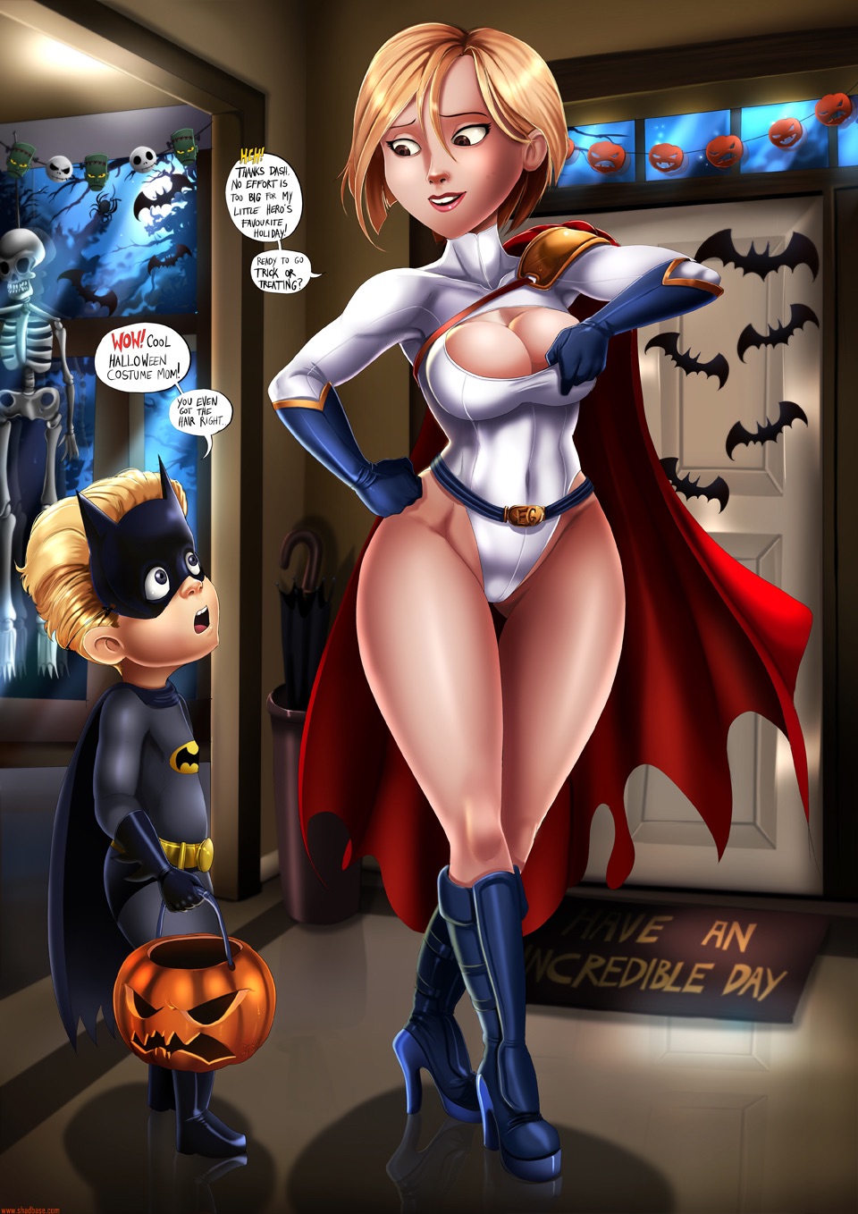 big_ass blond_hair boots brown_eyes cape cleavage cosplay dash_parr dc disney gloves hair halloween heels helen_parr leotard mask mature milf mother mother_and_son power_girl shadman short_hair text the_incredibles