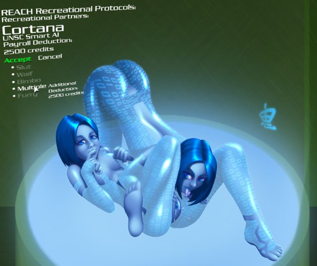 2girls ass blue_eyes blue_hair breasts cortana feet halo_(series) hologram lesbian microsoft nipples nude oni_(artist) pussy text toes tongue yuri