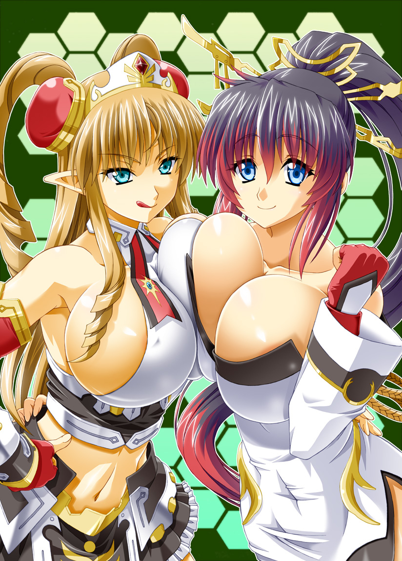 2girls :p absurd_res absurdres aqua_eyes areola arm_around_waist art asymmetrical_docking babe banpresto bare_shoulders black_hair blonde_hair blue_eyes breast_press breasts brown_hair bursting_breasts cleavage clothed_navel collarbone covered_navel crown detached_sleeves dress drill_hair erect_nipples fingerless_gloves gloves gradient_hair green_background hair hair_between_eyes hair_ornament hand_on_hip hexagon high_res highres honeycomb_background huge_breasts izta kaguya_nanbu kumashiro_izuta licking_lips lip_licking long_hair looking_at_viewer midriff multicolored_hair multiple_girls nanbu_kaguya naughty_face navel neck neige_hausen pointy_ears ponytail red_gloves red_hair side_slit sideboob skirt smile strapless strapless_dress super_robot_wars super_robot_wars_og_saga_mugen_no_frontier super_robot_wars_og_saga_mugen_no_frontier_exceed tiara tight_dress tongue tongue_out twintails two-tone_hair upper_body very_long_hair white_dress yuri