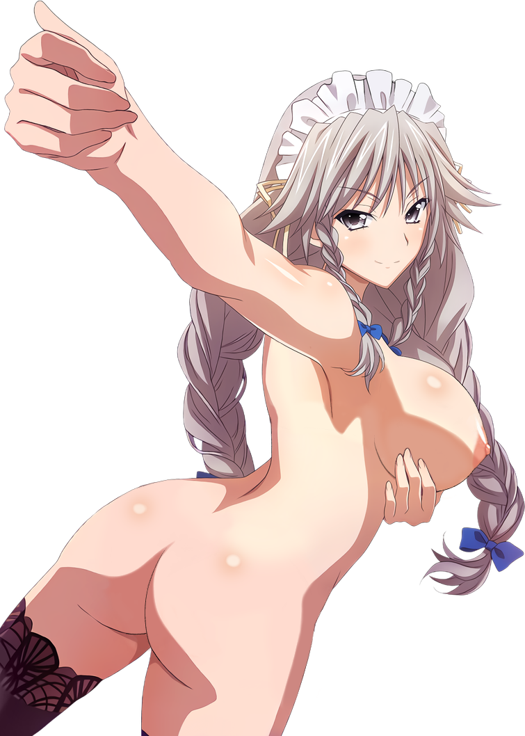 areola ass back big_breasts braid breasts extraction grayfia_lucifuge grey_eyes grey_hair high_school_dxd long_hair looking_back maid maid_headdress nipples nude nude_filter outstretched_arm ribbon stockings third-party_edit tied_hair transparent_background