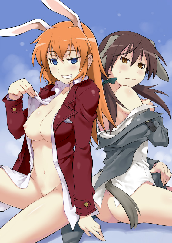 2girls animal_ears arm_support ass bad_id blue_eyes blush breasts brown_eyes brown_hair bunny_ears charlotte_e_yeager dog_ears gertrud_barkhorn grin hair inumimi jacket long_hair maruto! multiple_girls navel nipples open_clothes open_shirt orange_hair shirt sitting smile strike_witches