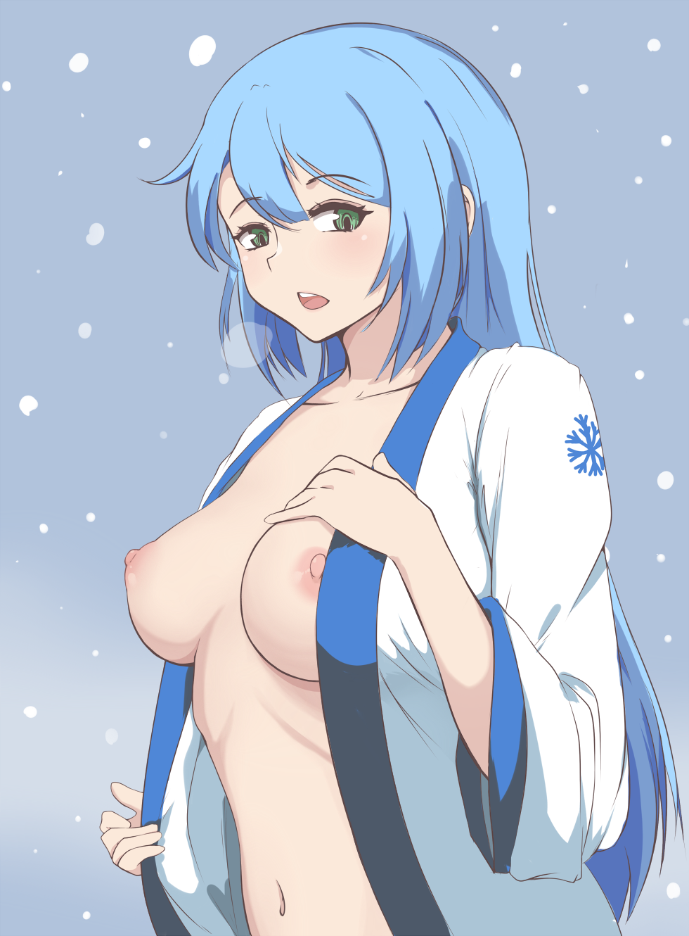 1girl 1girl 1girl blue_hair breasts breasts_out_of_clothes breath clavicle eyebrows_visible_through_hair folait green_eyes hair_between_eyes hands_on_own_breasts high_resolution kimono light_blue_hair long_hair looking_at_viewer medium_breasts messy_hair navel open_clothes open_kimono open_mouth original snow snowflake_print upper_body wafuku white_kimono winter