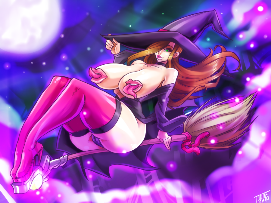 big_breasts breasts broom dorothy_(pyrowildcat) flying mouth_nipples original original_character turtlechan witch