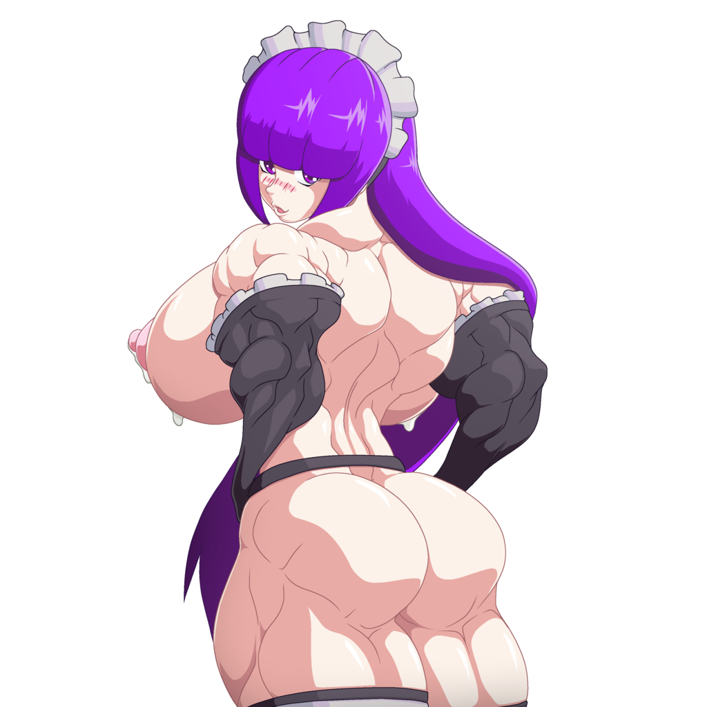 big_breasts breasts devmgf_(artist) hair looking_behind maid_uniform muscle purple_hair