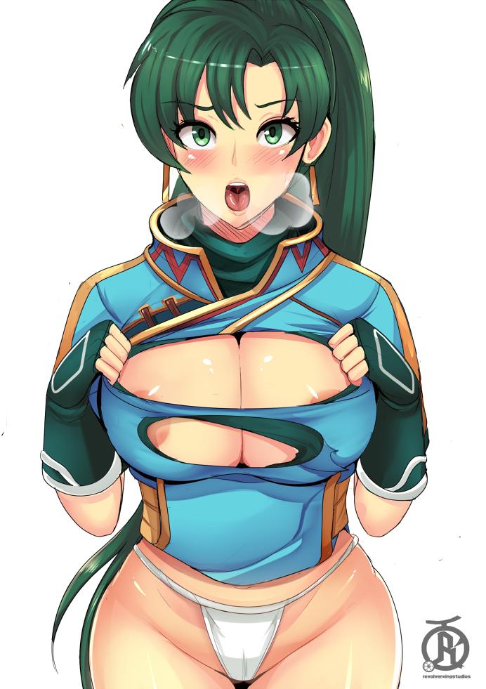 1girl areola big_breasts blush breasts female_only fire_emblem green_hair looking_at_viewer lyn lyndis_(fire_emblem) nintendo nipples revolverwingstudios ripped_clothes ripped_clothing torn_clothes