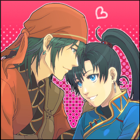 1boy 1girl art artist_request clenched_teeth couple eye_contact fire_emblem fire_emblem:_rekka_no_ken fire_emblem_7 fire_emblem_blazing_sword green_hair grin heart long_hair looking_at_another love lyn lyndis lyndis_(fire_emblem) nintendo parted_lips ponytail rath_(fire_emblem) short_hair smile tagme teeth upper_body
