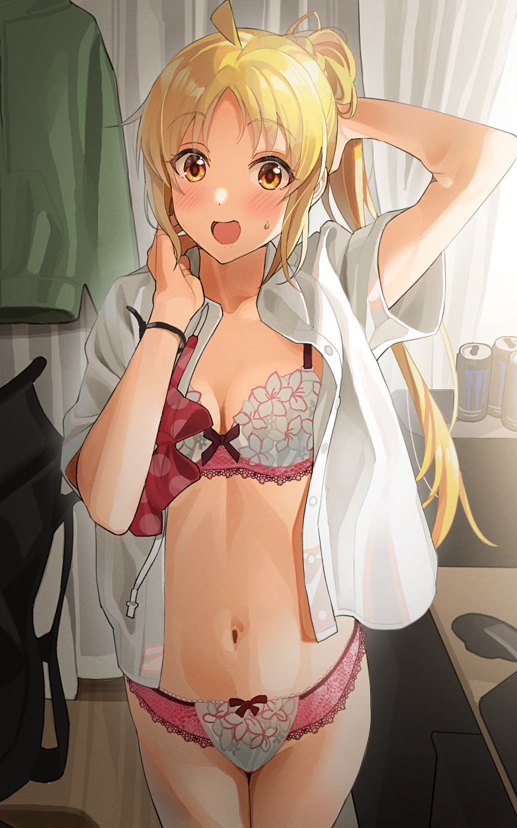 1girl ahoge arm_up blonde_hair blush bocchi_the_rock! bow bow_bra bow_panties bra breasts breasts_apart brown_eyes cable_tie clothes_hanger collarbone curtains detached_ahoge energy_drink hair_ornament hair_scrunchie hand_in_own_hair hand_up ijichi_nijika indoors long_hair looking_at_viewer monster_energy navel open_clothes open_mouth open_shirt panties parted_bangs pink_bra pink_panties product_placement scrunchie shirt side_ponytail sidelighting small_breasts stomach surprised sweatdrop tipii underwear white_shirt yellow_scrunchie