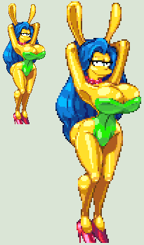 big_breasts blue_hair breasts bunny_girl grey_background hair lowres marge_simpson the_simpsons yellow_skin