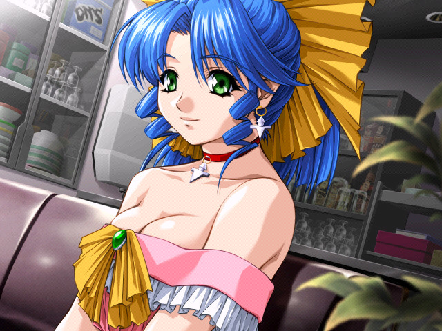 1_girl 1girl art babe bare_shoulders blue_hair breasts choker cleavage collarbone couch dress drill_hair dutch_angle earrings el_(game) frilled_dress frills game_cg gem green_eyes hair_ribbon jewelry kawai_masaki looking_at_viewer neck necklace off-shoulder_dress parsley_(el) pink_dress plant ponytail ribbon shiny shiny_hair short_hair smile sofa solo strapless strapless_dress twin_drills upper_body