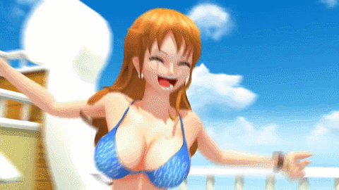 1girl 3d ass bikini bouncing_breasts breasts cleavage dancing gif hip_shake large_breasts long_hair lowres nami one_piece orange_hair smile swimsuit wiggle