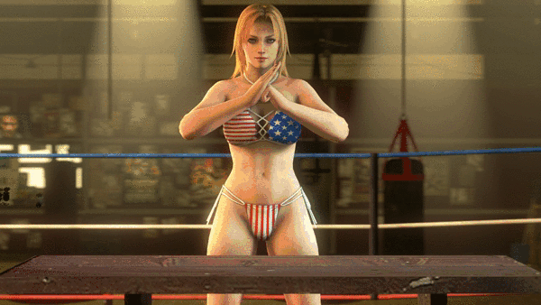 3d alluring american_flag_bikini bikini boxing_ring breast_grab breasts dead_or_alive gif table test_your_might tina_armstrong