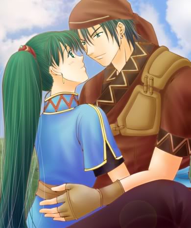 1boy 1girl art artist_request bandanna black_eyes black_hair blush cloud couple earrings eye_contact face-to-face field fingerless_gloves fire_emblem fire_emblem:_rekka_no_ken fire_emblem_7 fire_emblem_blazing_sword gloves green_eyes green_hair happy hug hugging incipient_kiss jewelry lens_flare long_hair looking_at_another love lowres lyn lyndis lyndis_(fire_emblem) nintendo ponytail rath rath_(fire_emblem) short_hair sky smile upper_body very_long_hair